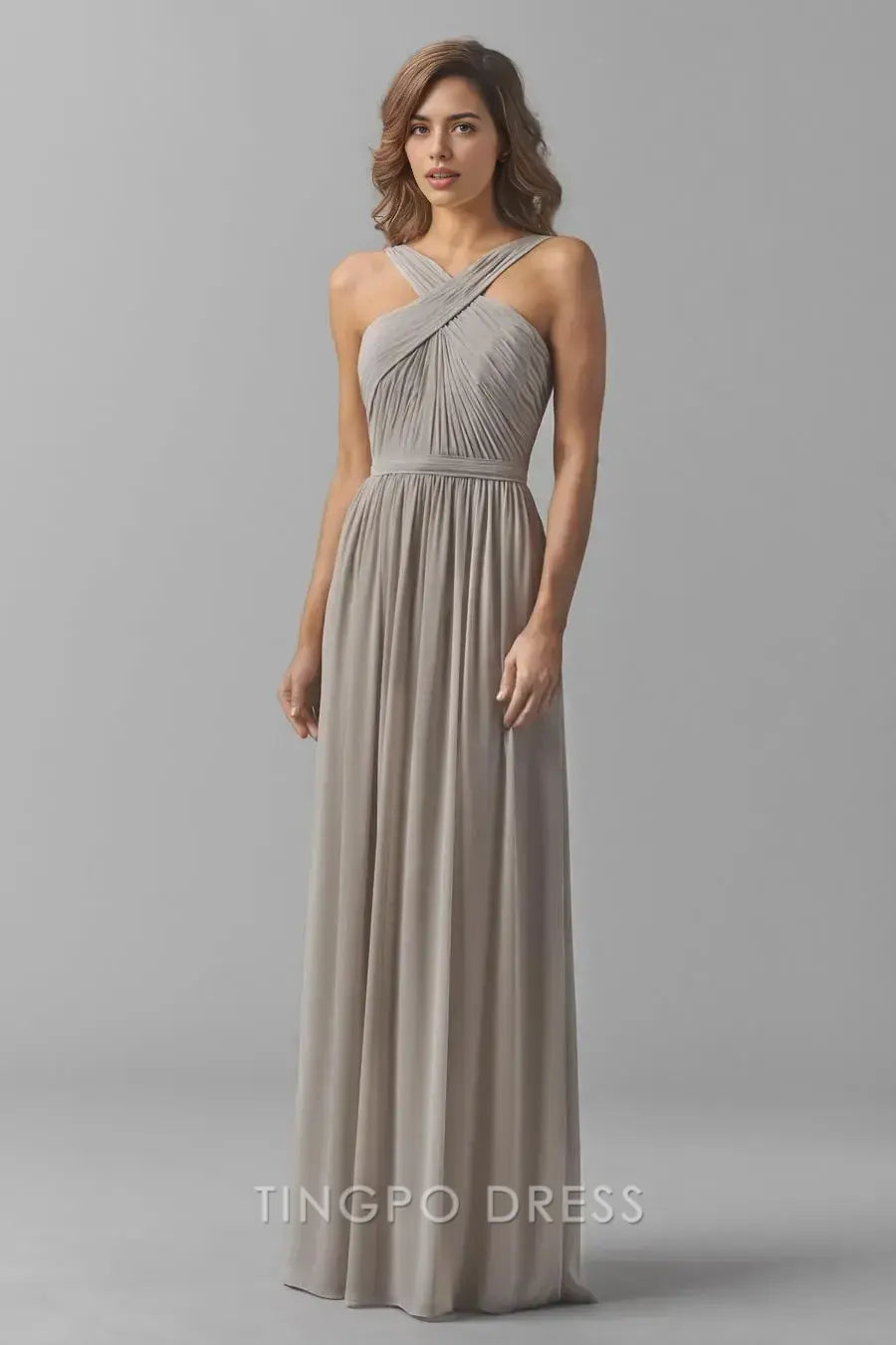 TingPo Wholesale Elegant Light Grey Cross Halter Dress - Ruched Waist Maxi Evening Gown